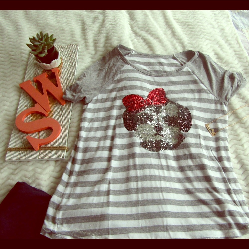 Justice Sequin Dog Striped Girls Tee